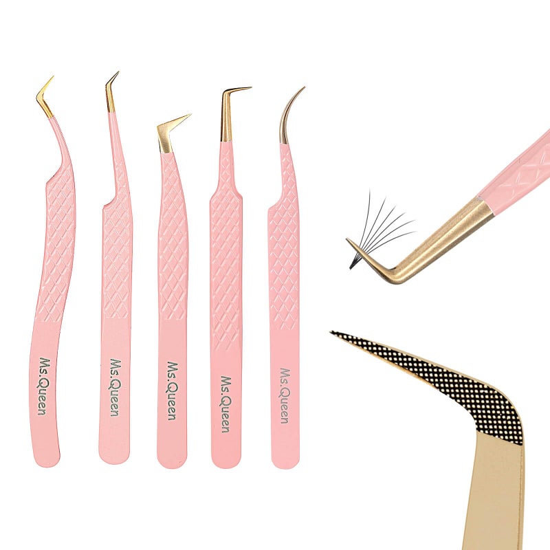 MsQueen Eyelash Extension Tweezers Professional Fiber Tip Lash Tweezers Set of 5Curved 45 90 Degree Volume Isolation Tweezers